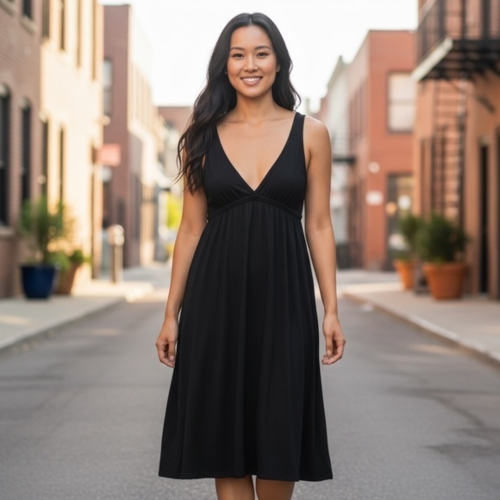 J Crew Black Empire Waist Midi Dress 92% Rayon 8% Spandex Size Medium